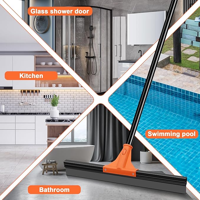 JEHONN Floor Squeegee Heavy Duty with 58.3 inches Long Handle, Rubber Scraper Broom for Cleaning Foam Water on Garage Concrete Bathroom Tile Marble Shower Glass Shop Deck Window Indoor Outdoor