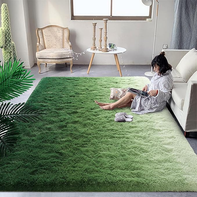 DweIke Luxury Fluffy Kids Rugs for Living Room Bedroom, 6x9 Large Shaggy Forest Green Area Rug for Girls Boys, Upgrade Plush Non-Slip and Washable Colorful Fuzzy Carpet for Dorm Nursery Decor