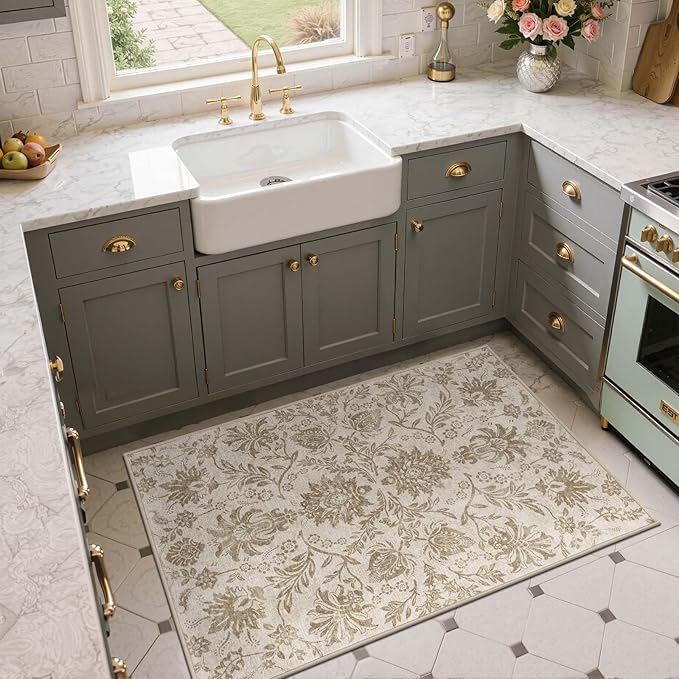 jinchan 3x5 Area Rugs for Entryway, Vintage-Inspired Floral Neutral Design Washable Non-Slip Low-Pile Rug, Ultra-Thin Indoor Traditional Accent Carpet for Entrance Kitchen Bedroom Hallway, Taupe