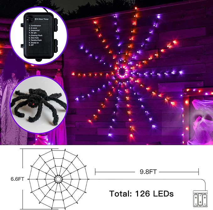 Ollny Spider Web Decoration 6.6FT 126 LED, Orange and Purple Halloween Lights with Black Spider Battery Powered 8 Modes Timer, Waterproof Cobweb String Light for Outdoor Indoor House Yard Party