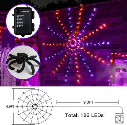 Ollny Spider Web Decoration 6.6FT 126 LED, Orange and Purple Halloween Lights with Black Spider Battery Powered 8 Modes Timer, Waterproof Cobweb String Light for Outdoor Indoor House Yard Party