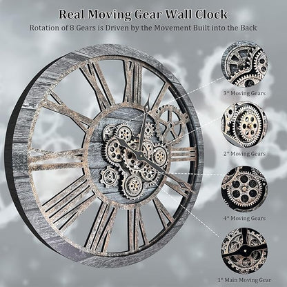 HOIBAI Large Wall Clock, Wall Clocks for Living Room Decor 36 Inch Farmhouse Vintage Rustic Kitchen Wall Decor Vintage Roman Oversized Wall Clock for Home Bedroom House, Moving Gears Clock