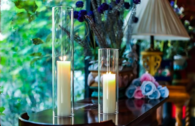 CYS EXCEL 2 PCS (H:16" D:3") Open Ended Glass Hurricane Candleholder Tube Shade | Multiple Size Choices Open Flame Candle Chimney Tube Cover | Bottomless Cylinder
