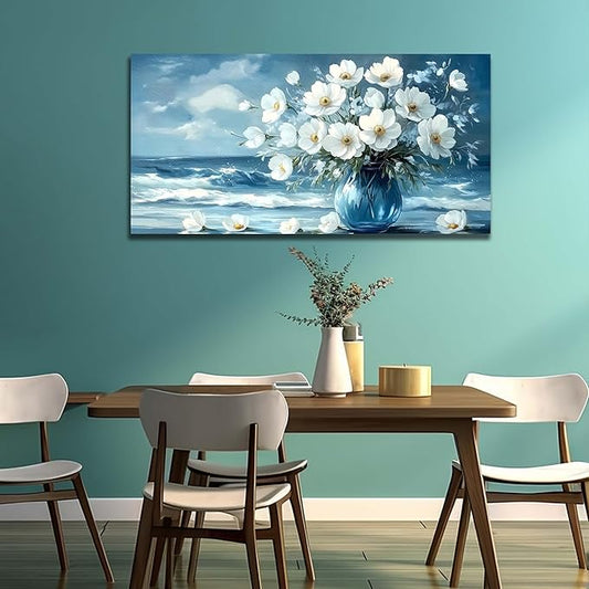 Flower Wall Art for Living Room, Ocean Canvas Wall-Decor for Bedroom, Blue and White Picture Print Artwork for Office, Size 48 x 24 Inches