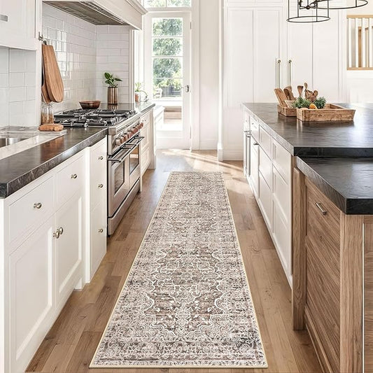 KUTA Vintage Washable Runner Rug, 2x8 Brown Runners for Hallways Non-Slip Kitchen Rugs Ultra Soft Printed Distressed Floral Medallion Carpet for Bedroom Living Room Nursery Playroom