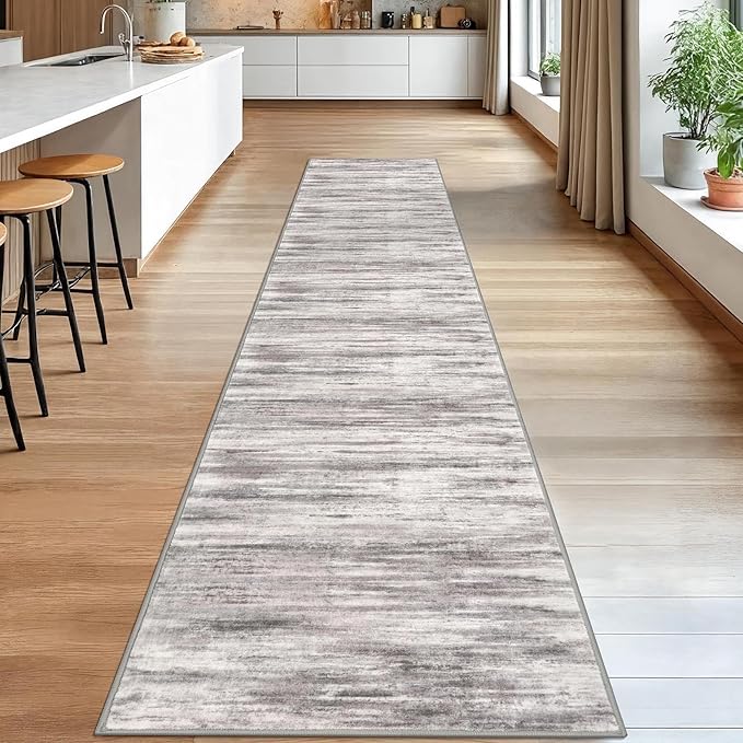 KOZYFLY Modern Abstract Washable Rug Runner 2.6x14 Hallway Rug Runner Non-Slip Soft Kitchen Runner Rugs, Grey-Beige Striped Carpet for Entryway Bathroom Laundry Room Foyer