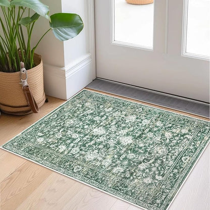KILOCOCO Moroccan Small Area Rug 2x3 Entryway Rugs Printed Vintage Floral Washable Rug Non-Slip Kitchen Rug Indoor Door Mat, Accent Throw Small Rugs for Laundry Room Bedroom Entrance, Green