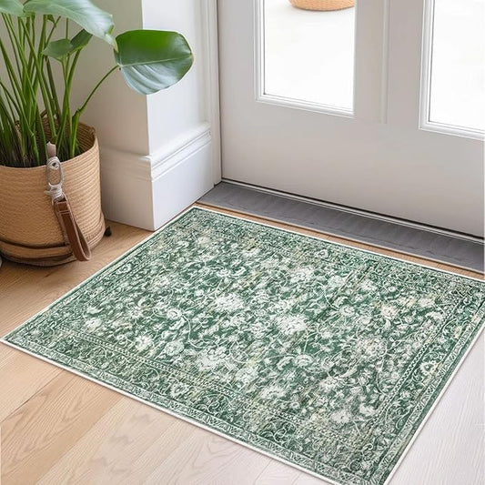 KILOCOCO Moroccan Small Area Rug 2x3 Entryway Rugs Printed Vintage Floral Washable Rug Non-Slip Kitchen Rug Indoor Door Mat, Accent Throw Small Rugs for Laundry Room Bedroom Entrance, Green