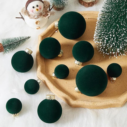 Velvet Christmas Ball Ornaments Set-46pcs Flocked Shatterproof Christmas Tree Decorations Plastic Xmas Decorative Hanging Ornaments for Xmas Holiday Home Decor,3 Sizes(Dark Green)