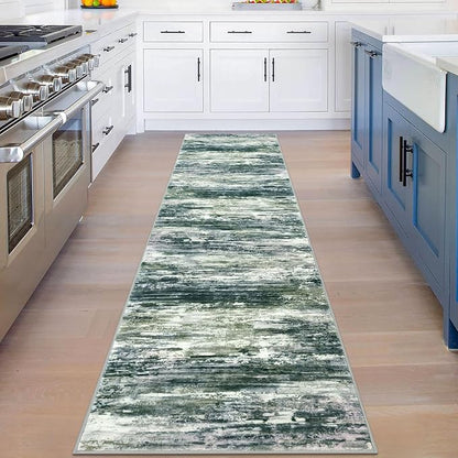 KOZYFLY Modern Abstract Hallway Runner Rug, 2x8 Kitchen Rugs Non-Slip Washable Soft Striped Runner Rugs, Print Green Yellow Carpet Runner for Entryway Bathroom Laundry Room Foyer
