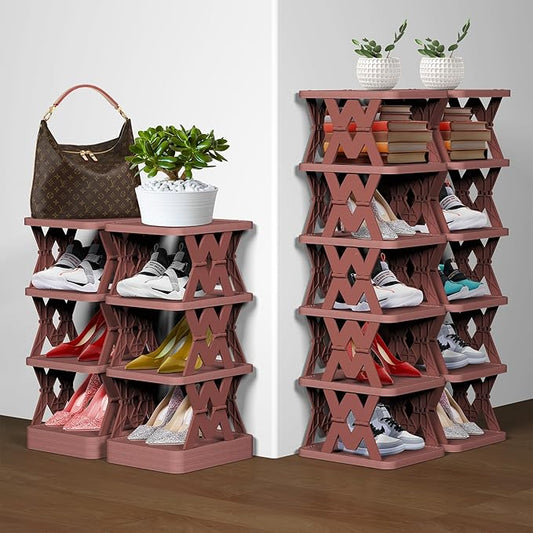 Small Shoe Rack, 6 Tier Foldable Shoe Organizer Without Assembly, Fake Wood-Pattern Match Floor Well, for Entryway, Front Door Entrance, Bedroom, Brown