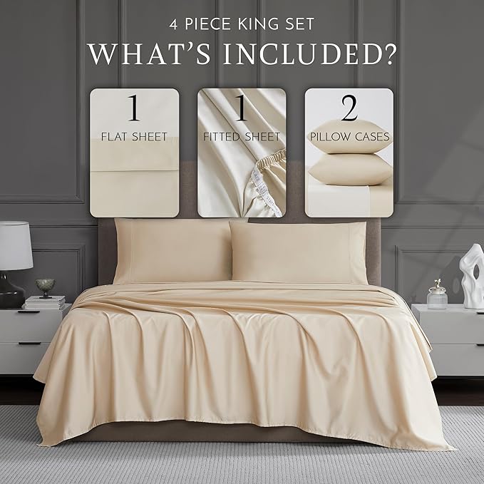 Linen Closet Luxury Cotton 1200 Thread Count Hotel Luxury 4-Piece Sheet Set, King, Beige
