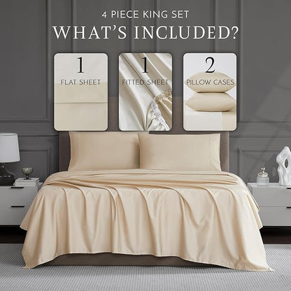 Linen Closet Luxury Cotton 1200 Thread Count Hotel Luxury 4-Piece Sheet Set, King, Beige