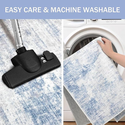 IOHOUZE Abstract Runner Rug 3x18 Ft Washable Runners for Hallways, Non Slip Kitchen Runner Printed Faux Wool Entryway Runner Indoor, Modern Abstract Floor Carpet for Hall Stair, Light Blue White