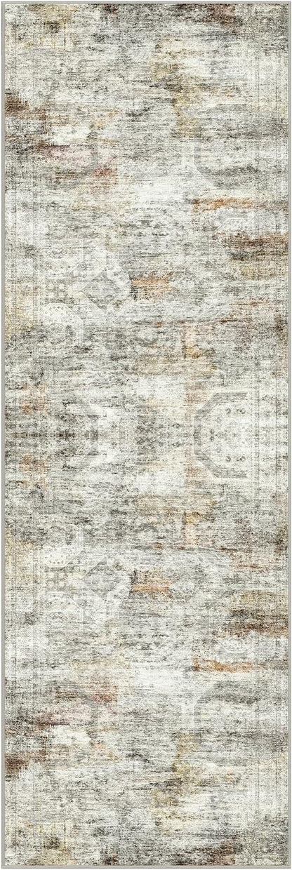 Washable Runner Rugs for Bedroom - 2x6 Runner Rug Non Slip, Ultra-Thin Entryway Runner, Soft Abstract Kitchen Runner for Hallway, Laundry, Bathroom, Indoor Door Mat(2'x6', Grey/Rust)