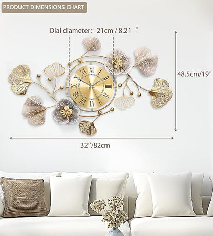 Clocks for Living Room, Large Wall Clock, 3D Silent Wall Clock, Retro Metal Ginkgo Leaf Design, for Bedroom Kitchen Decorative Wall Clocks（32''x18'' ）