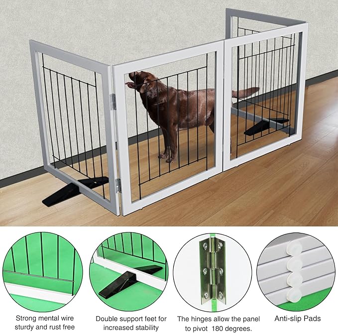 ZJSF Freestanding Dog Gate Indoor, Foldable Dog Fence for Doorways,Hallways or Stairs, Sturdy Wood Extra Wide Pet Gate with Support Feet,Grey,32 "Height-4 Panels