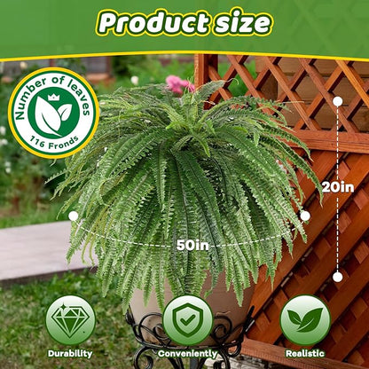 Single Silky 50" Artificial Fern Plant, Large Fake Fern with 116Fronds, Realistic Faux Boston Fern Bush for Outdoors & Indoor, Silk Greenery for Planter, Garden, Office, Home Décor