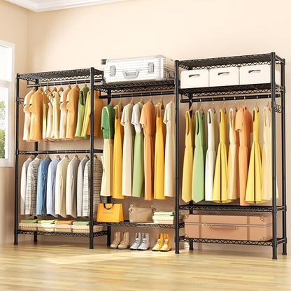 Heavy Duty Garment Rack Clothes Rack,Large Metal Closet Organizer System Storage Wardrobe,Freestanding Clothing Rack with 8 Adjustable Wire Shelves&4 Hang Rods,MaxLoad 800lbs
