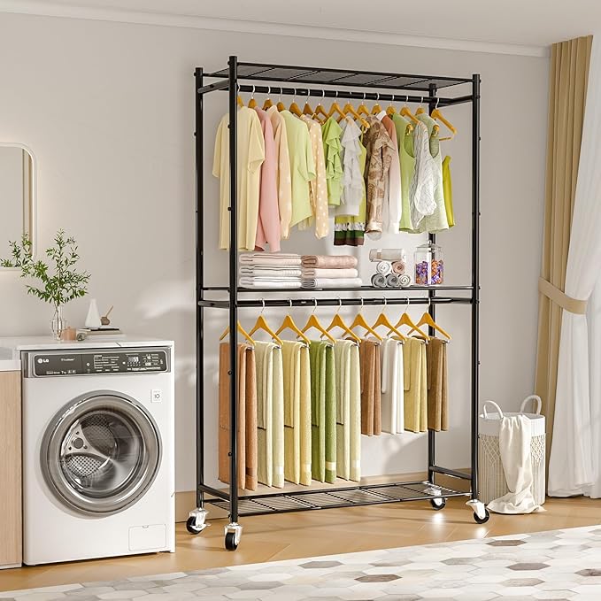 Rolling Clothes Rack for Hanging Clothes, Metal Clothing Garment Rack with Double Rods & 3 Wire Shelves, Portable Wardrobe Closet with Wheels