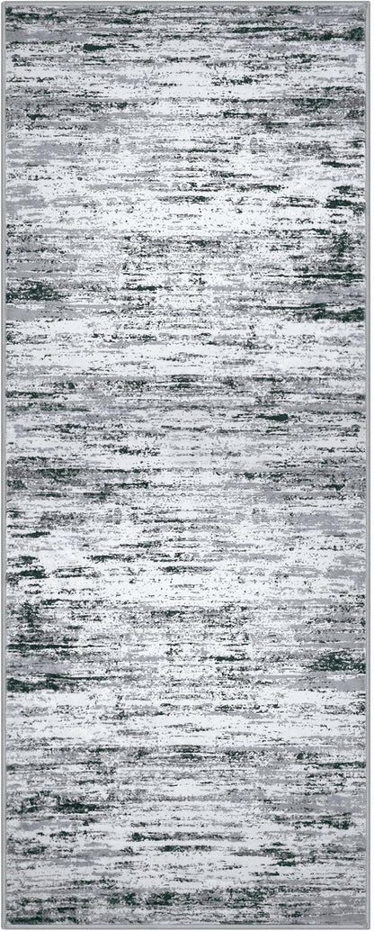 Modern Abstract Runner 2x5, Black Grey White Washable Kitchen Entryway Rug Mat Non-Slip Soft Hallway Rug Runner Thin Print Faux Wool Carpet for Bedroom Laundry Room Indoor Home Decor