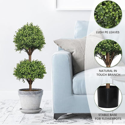 THE BLOOM TIMES 40" Tall Artificial Boxwood Double Ball Topiary Trees, UV Resistant Large Fake Potted Plants for Outdoor Planter, Realistic Faux Bushes Shrubs for Front Porch Outside Decor Set of 2