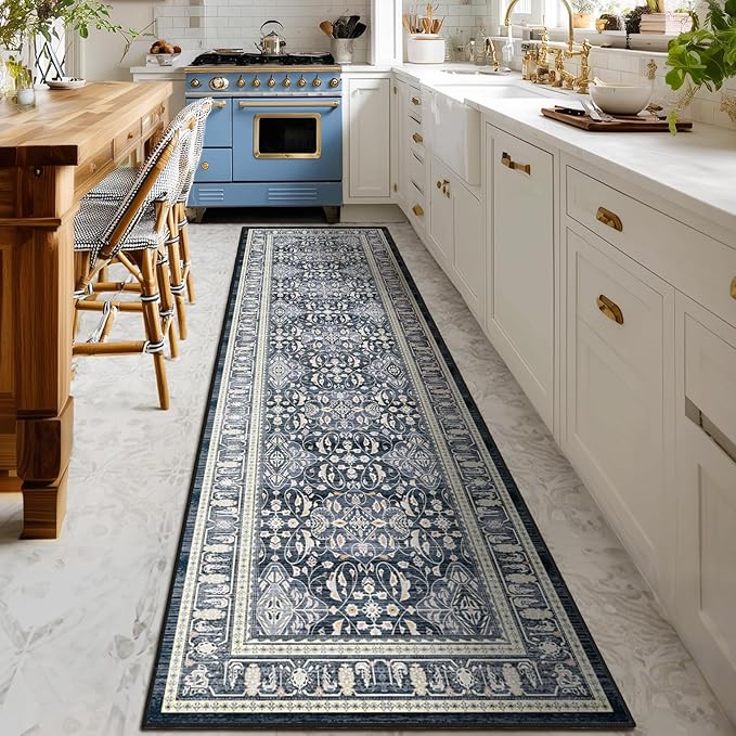 Dark Blue 3x8 Hallway Runner Rug, Kitchen Runners Non Skid Washable 8 ft, Washable Non Slip Ultra Thin Carpet Runner for Entryway Corridor Mudroom Bathroom, Transitional Moroccan Floral Trellis