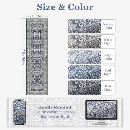 Dark Blue 2x7 Runner Rug Non Slip, Floral Trellis Entryway Rugs for Inside House Mudroom, Kitchen Runner Rugs Non Skid Washable, Carpet Runner for Bathroom Laundry Room Bedroom Farmhouse