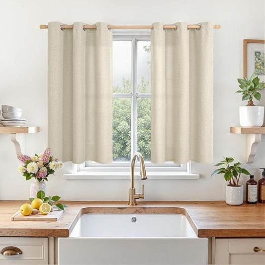 LAMIT Natural 40 inch Length Linen Curtains, Linen Textured Thermal Insulated Curtains Grommet Privacy Burlap Neutral Drapes for Small Windows/Cafe/Kitchen, W42 x L40, 2 Panels, Natural Beige