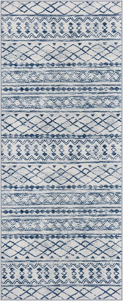 KUTA Moroccan Washable Runner Rug, 2x6 Non-Slip Vintage Blue White Boho Hallway Kitchen Rugs Ultra Soft Distressed Geometric Floor Carpet Runners for Bedroom Laundry Living Room