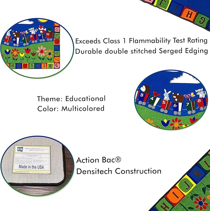 On The Train Kid's Rug, 7'6" x 12', Multicolored, Educational Classroom Rug, Kids Learning Play Mat | Area Rug for Bedroom or Playroom