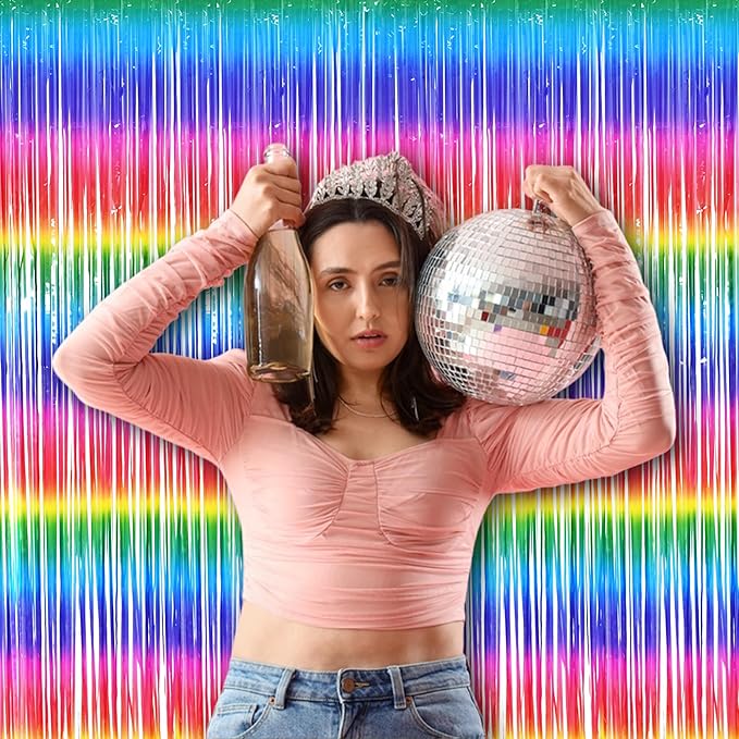 BRAVESHINE Tinsel Foil Curtains - 2 Pack Colorful Party Streamers Fringe Backdrop for Christmas/New Years/Doorway/80s/90s/Dance/Bachelorette/Engagement/Rainbows-theme/Candy/Birthdays Decorations