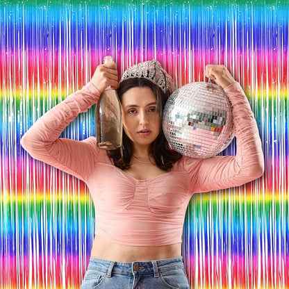BRAVESHINE Tinsel Foil Curtains - 2 Pack Colorful Party Streamers Fringe Backdrop for Christmas/New Years/Doorway/80s/90s/Dance/Bachelorette/Engagement/Rainbows-theme/Candy/Birthdays Decorations