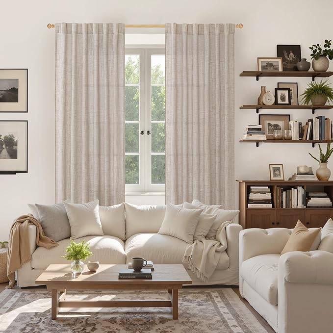 YoungsTex 84 Inch Length Natural Linen Curtains for Living Room Windows 2 Panels - Light Filtering Drapes with Rod Pocket Back Tab Semi Sheer Privacy for Dining Bedroom, 52 X 84 Inch
