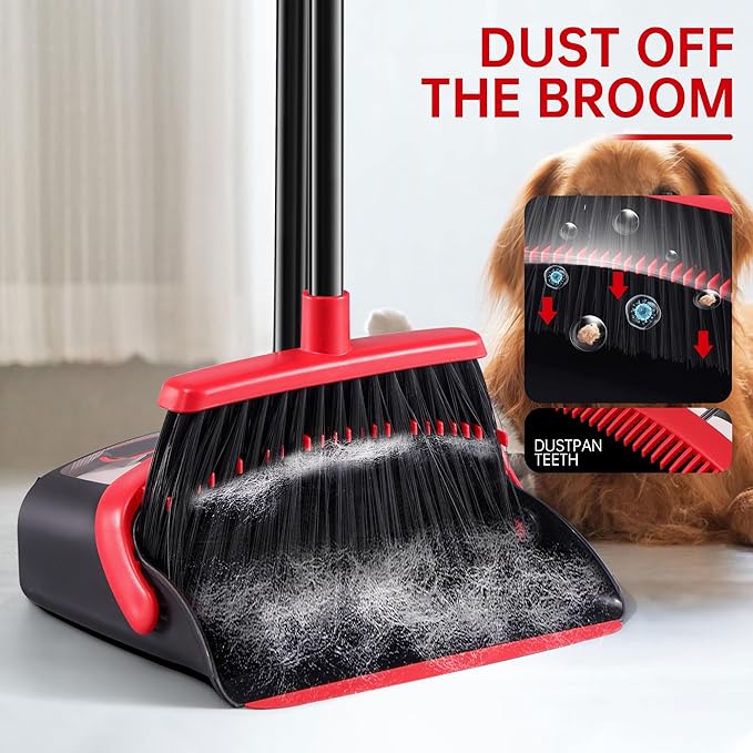 Broom with Dustpan Combo Set, Hand Broom and Dustpan Set for Sweeping Indoor Angle Broom for Home Office Kitchen Lobby Floor Pet Hair Indoor&Outdoor Cleaning (Big Black&Red)