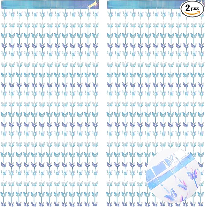 BRAVESHINE Iridescent Hanging Butterfly Foil Fringe Curtain - 2 Pack 3.2x6.6ft Holographic Party Streamers Backdrop for Bridal Shower/Mermaid/Frozen/Fairy/Princess/Butterfly Birthdays Decorations