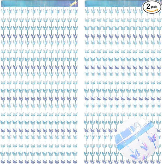 BRAVESHINE Iridescent Hanging Butterfly Foil Fringe Curtain - 2 Pack 3.2x6.6ft Holographic Party Streamers Backdrop for Bridal Shower/Mermaid/Frozen/Fairy/Princess/Butterfly Birthdays Decorations