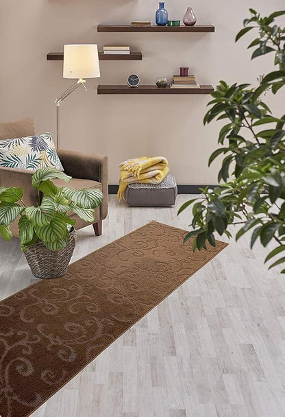 12 FT Long Non-Slip Washable Carpet Runner Rug with Rubber Backing, Brown (26" X 12'), Custom Floor Mat for Kitchen Hallway Stairs Bedroom Bathroom Entryway, Your Choice of Length, Scroll Pattern