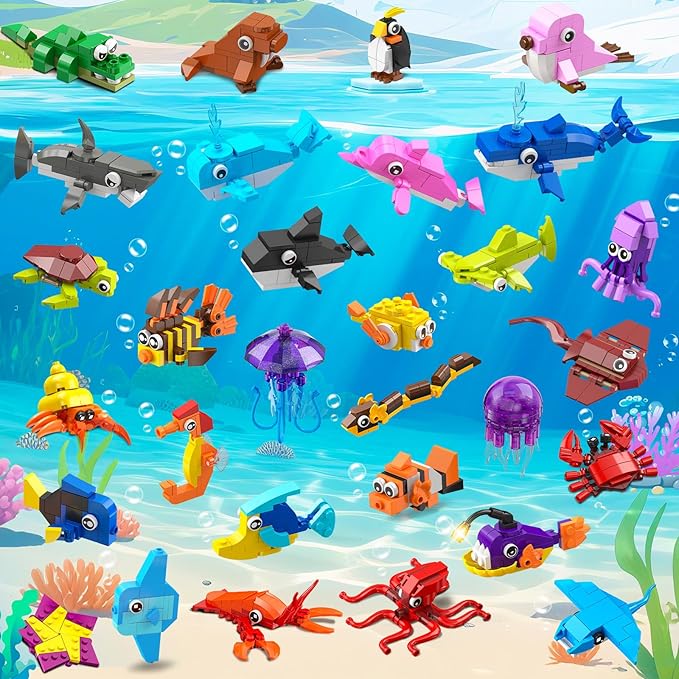30 Pack Animals Valentines Party Favors For Kids, 824PCS Marine Animal Building Block Sets for Valentines Day Goodie Bags Filler Classroom Prizes Stocking Stuffers Birthday Gifts for Boys Girls 6+