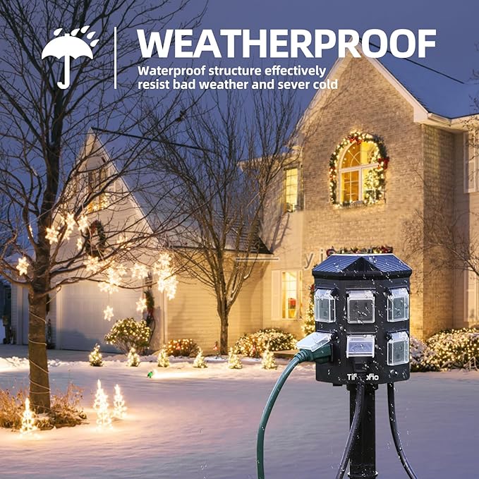 Outdoor Power Strip Weatherproof, 25 FT Extension Cord with Stake, 6 Grounded Outlets for Halloween/Christmas Decorations and Inflatables, 15A/1875W, ETL Listed
