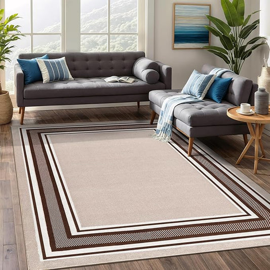 Beverly Rug Non Slip Area Rugs 3x5 Modern Bordered Non Skid Rubber Backing Soft Area Rug for Living Dining Room Easy to Clean Non Shedding Kitchen Bedroom Indoor Carpet 3 x 5 Beige-Brown