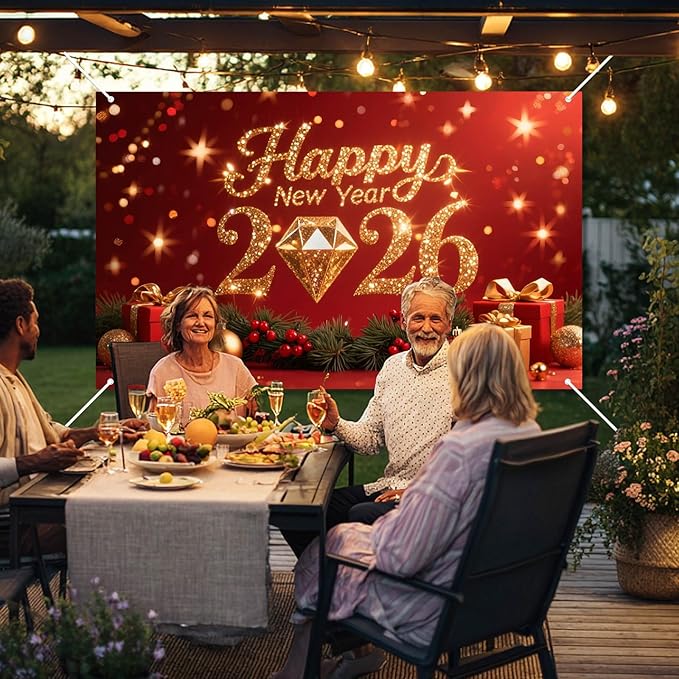 2026 Happy New Year Backdrop Gold Diamond Glitter Banner Red Background with Gift Boxes Party Decoration Photography Background 71x43 Inches New Year Eve Celebration Decor