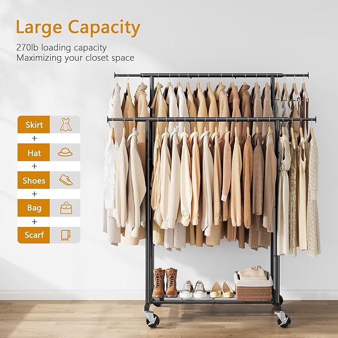 Double Rod Garment Rack with Wheels, Heavy Duty Rolling Clothes Rack For Hanging Clothes, Portable Metal Clothing Rack with Shelves,Black, 64.2inch Chrome