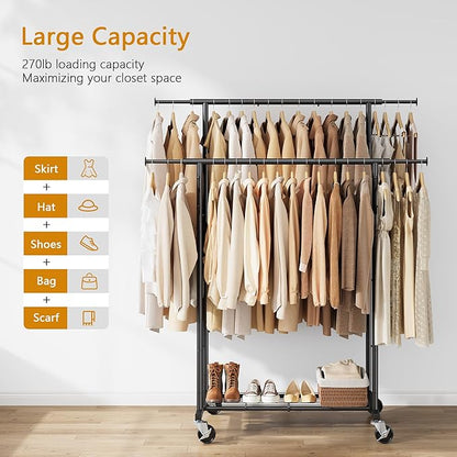 Double Rod Garment Rack with Wheels, Heavy Duty Rolling Clothes Rack For Hanging Clothes, Portable Metal Clothing Rack with Shelves,Black, 64.2inch Chrome