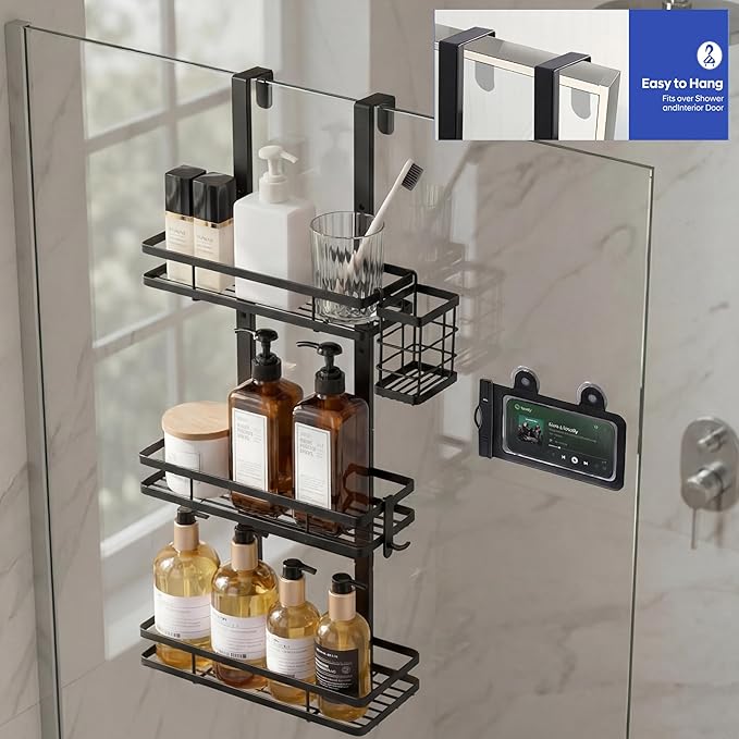 Over the Door Shower Caddy Hanging, Rustproof Shower Shelves with Waterproof Phone Pouch, 3-Tier Adjustable Bathroom Organizers and Storage, No Drilling Shower Shelf, Black Shampoo Soap Holder
