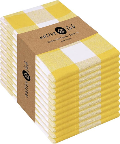 Native Fab Yellow Buffalo Dish Towel 16"x26", Set of 12 - Cotton Plaid Towels, Soft Absorbent Dishcloths with Hanging Loop, Kitchen Towels for Quick Drying - Yellow White