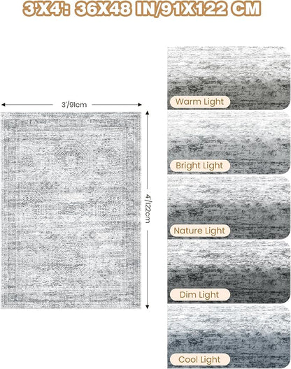 3x4 Washable Area Rug for Entryway, Soft Kitchen Rugs Non Slip for Dining Room, Vintage Abstract Living Room Rug, Thin Area Rugs Indoor for Bedroom, Kids Room Decor(3'x4', Grey/Ivory)