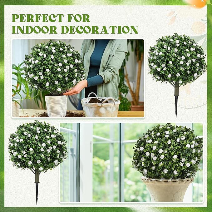 24 Artificial Topiary Ball Tree with Flower Set of 2,Outdoor Fake Topiary with Ground Spike,UV Resistant Faux Artificial Plant Bushes for Indoor Outdoor Front Porch Garden Decor(White)