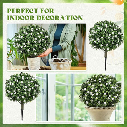 24 Artificial Topiary Ball Tree with Flower Set of 2,Outdoor Fake Topiary with Ground Spike,UV Resistant Faux Artificial Plant Bushes for Indoor Outdoor Front Porch Garden Decor(White)