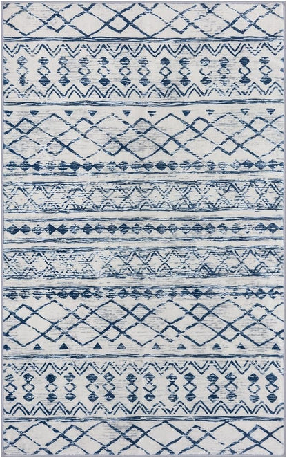 KUTA Vintage Boho Washable Rugs 3x5, Moroccan Non Slip Entryway Rug, Blue White Ultra Soft Print Distressed Geometric Low-Pile Area Rug for Living Room Bedroom Nursery Dorm Decor